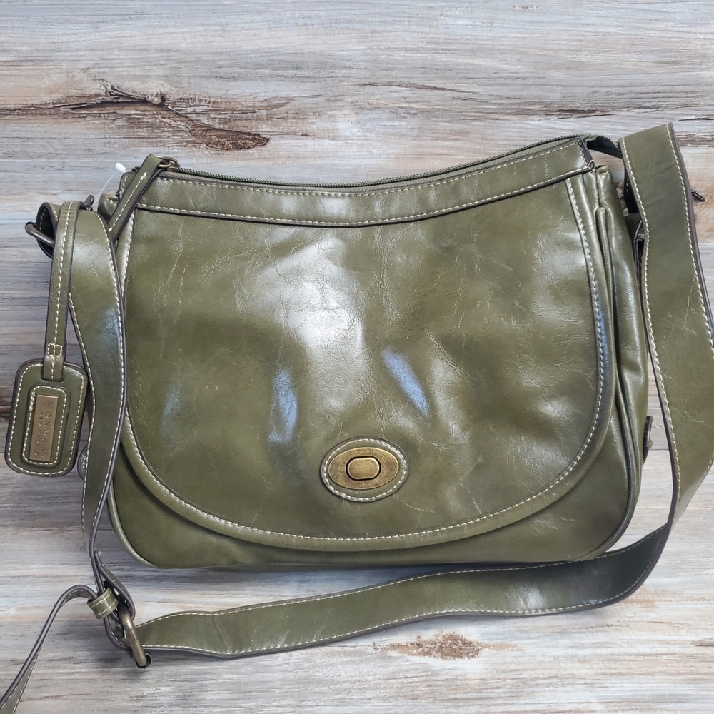 Mondani New York Olive Green Faux Leather Crossbody Bag Turn Lock Shoulder Bag